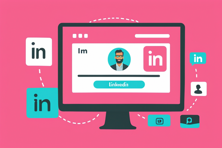 Illustration of a desktop with a LinkedIn profile on screen and a bright pink background