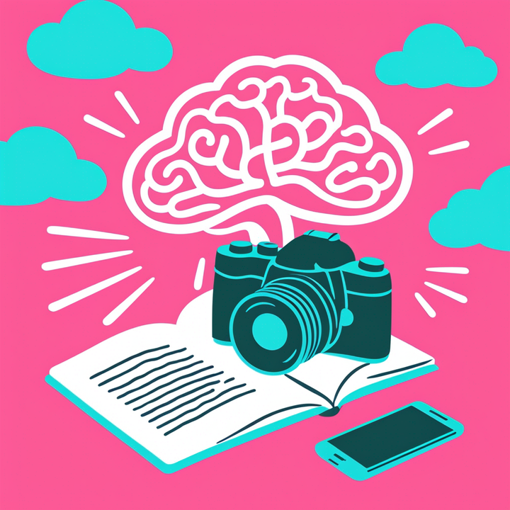 A phone, camera, and book, with an "AI brain" thought process above it.