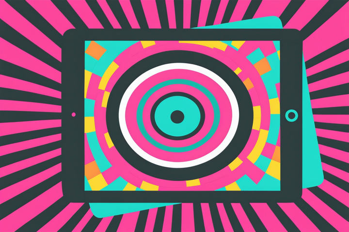 illustration of an iPad with a bright pink and black stripe background 