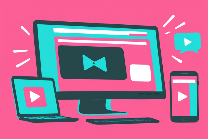 Pink and blue illustration showing how to post videos via desktop and mobile