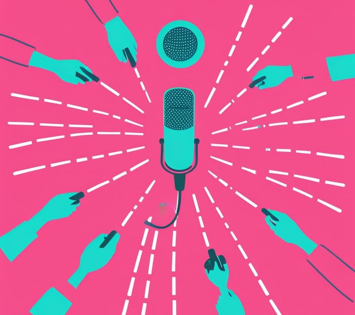 Illustration of a microphone with many hands reaching out to it from everywhere.