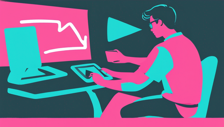 Illustration of a person sat at a desk video editing on a large monitor, in black, pink, and blue