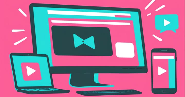 Pink and blue illustration showing how to post videos via desktop and mobile