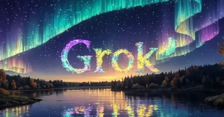 AI-generated image using Grok AI, showing the Northern Lights with "Grok" in the sky