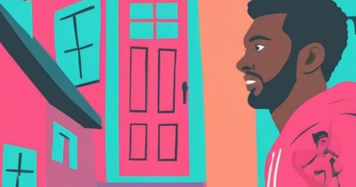 Suspect Challenge illustration showing a man run past a house door while wearing a pink hoodie